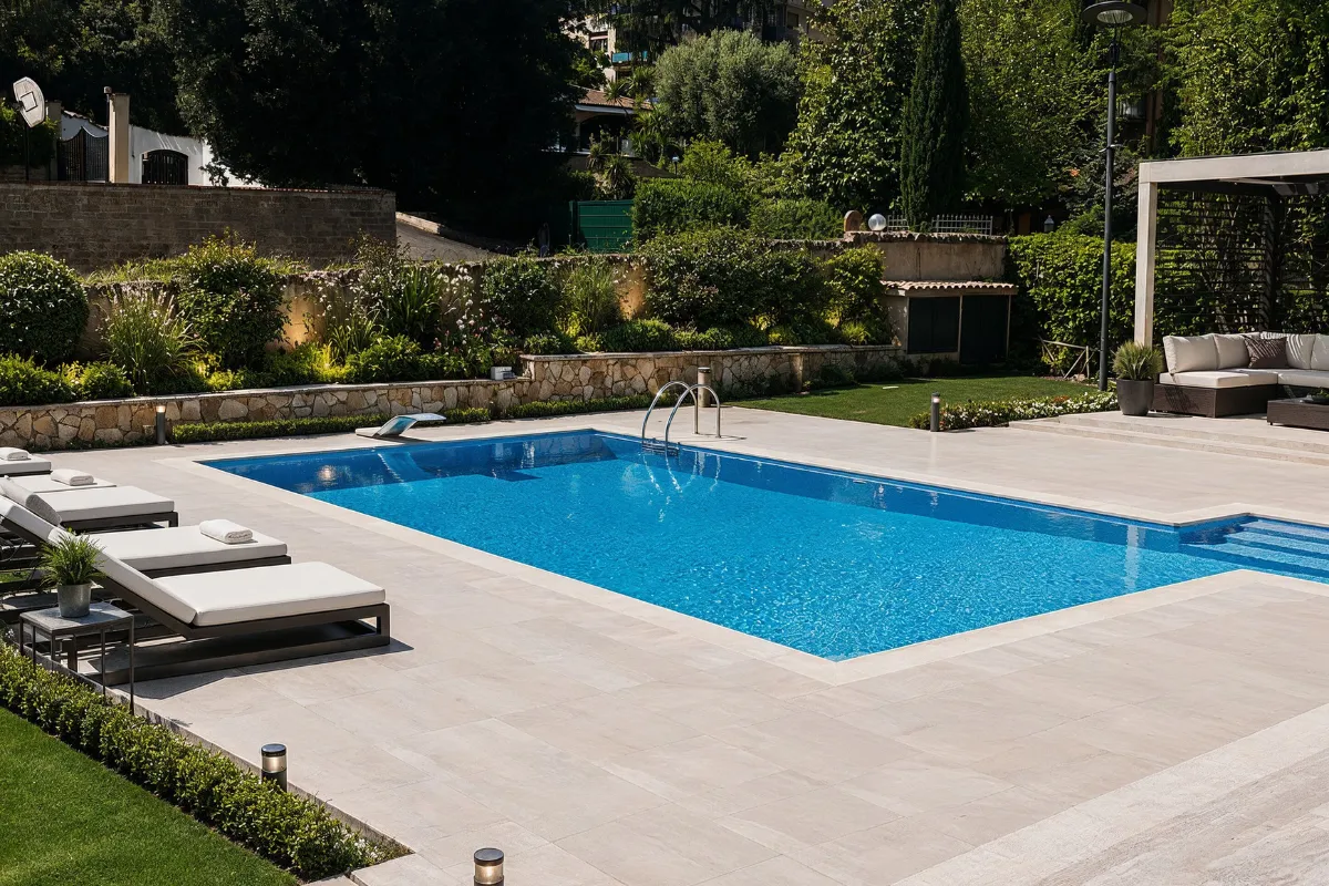 Backyard remodeling project in Los Angeles with modern pool, patio pavers, lounge seating, landscape lighting, privacy greenery, and outdoor living area