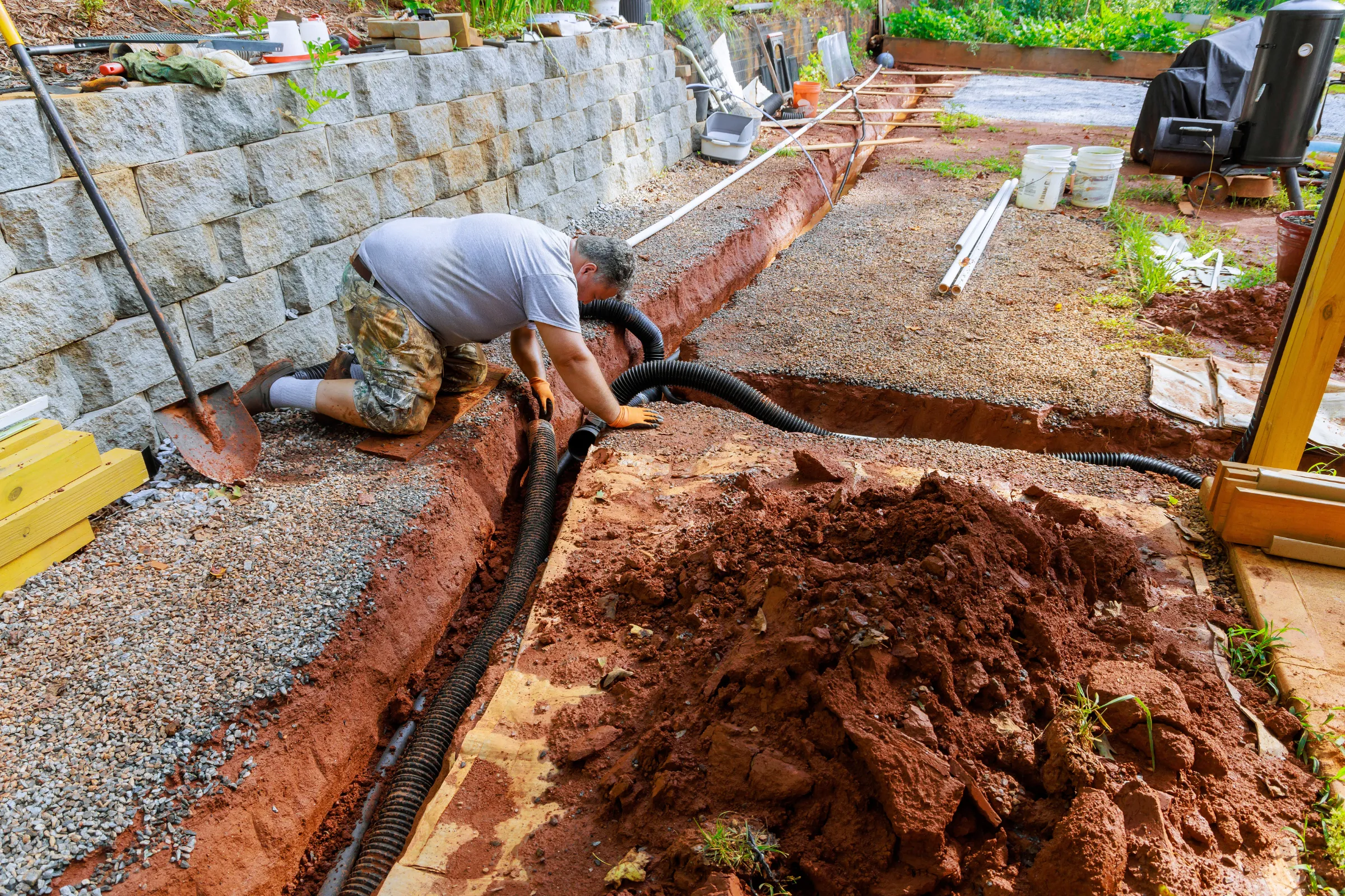 Backyard remodeling in Los Angeles with drainage installation, site preparation, soil grading, and outdoor living space construction in progress